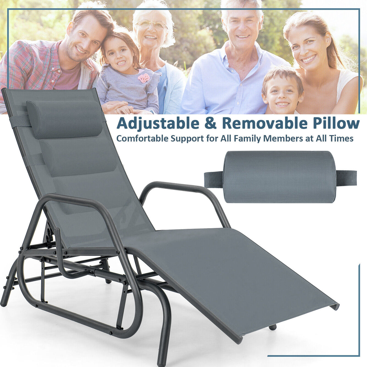 Patio Adjustable Glider Chair Outdoor Chaise Lounger Metal Fabric 60 kg Max Load