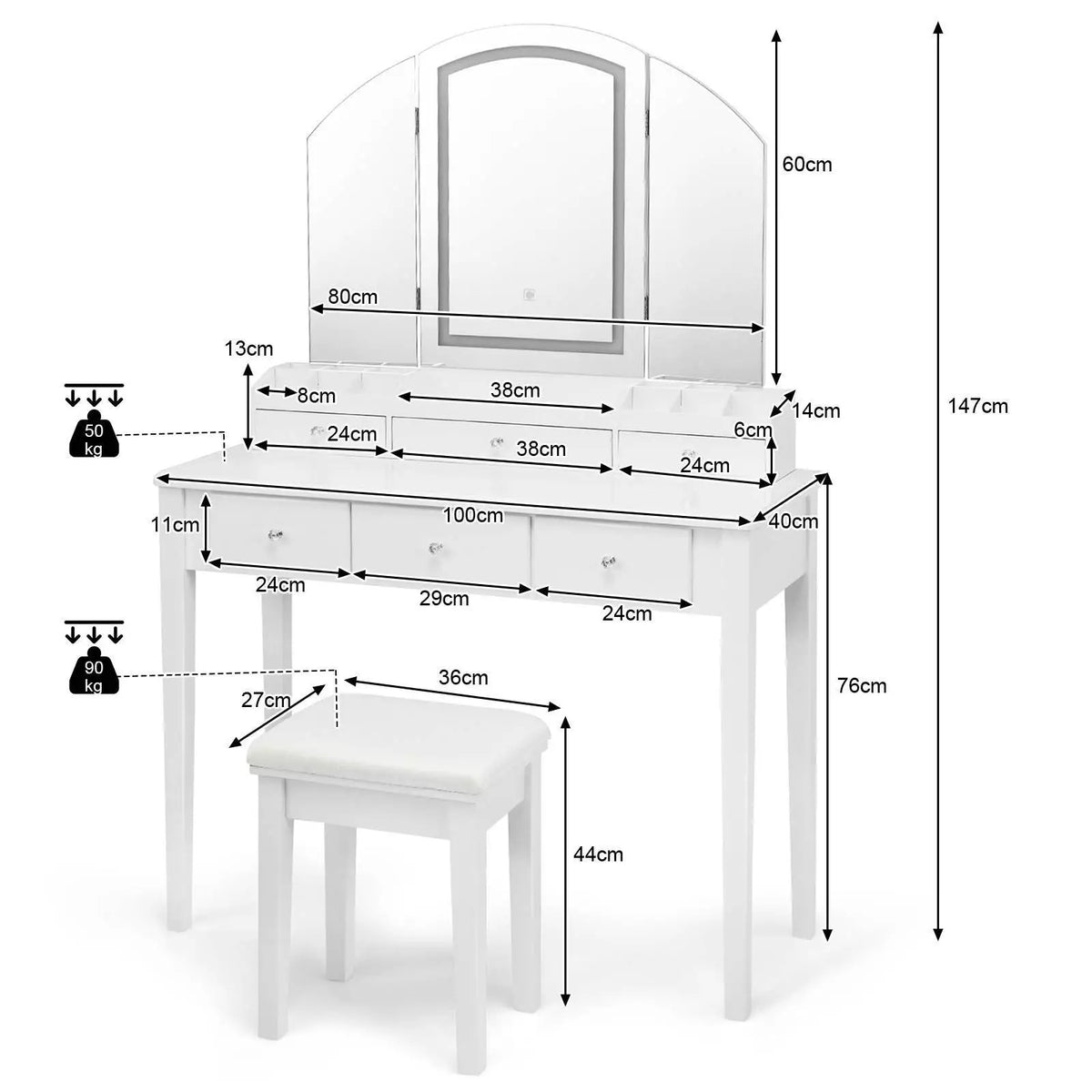 Vanity Table Set w/ Lighted Mirror Dressing Table Storage Organizer Dresser