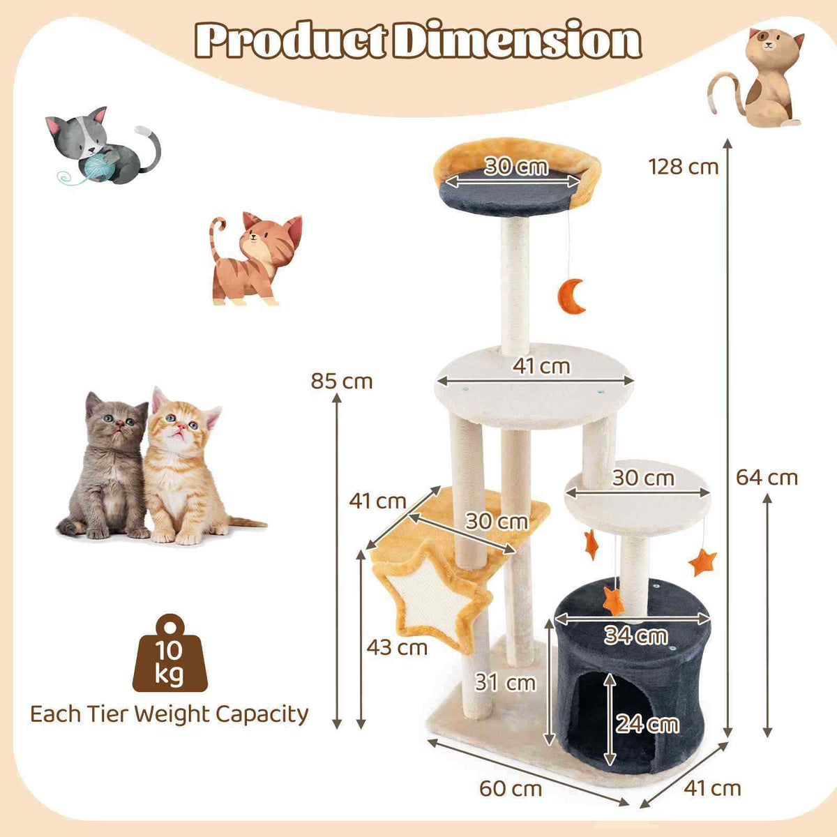 Multi-level Cute Cat Tree for Indoor Cats with Sisal Scratching Posts & Board