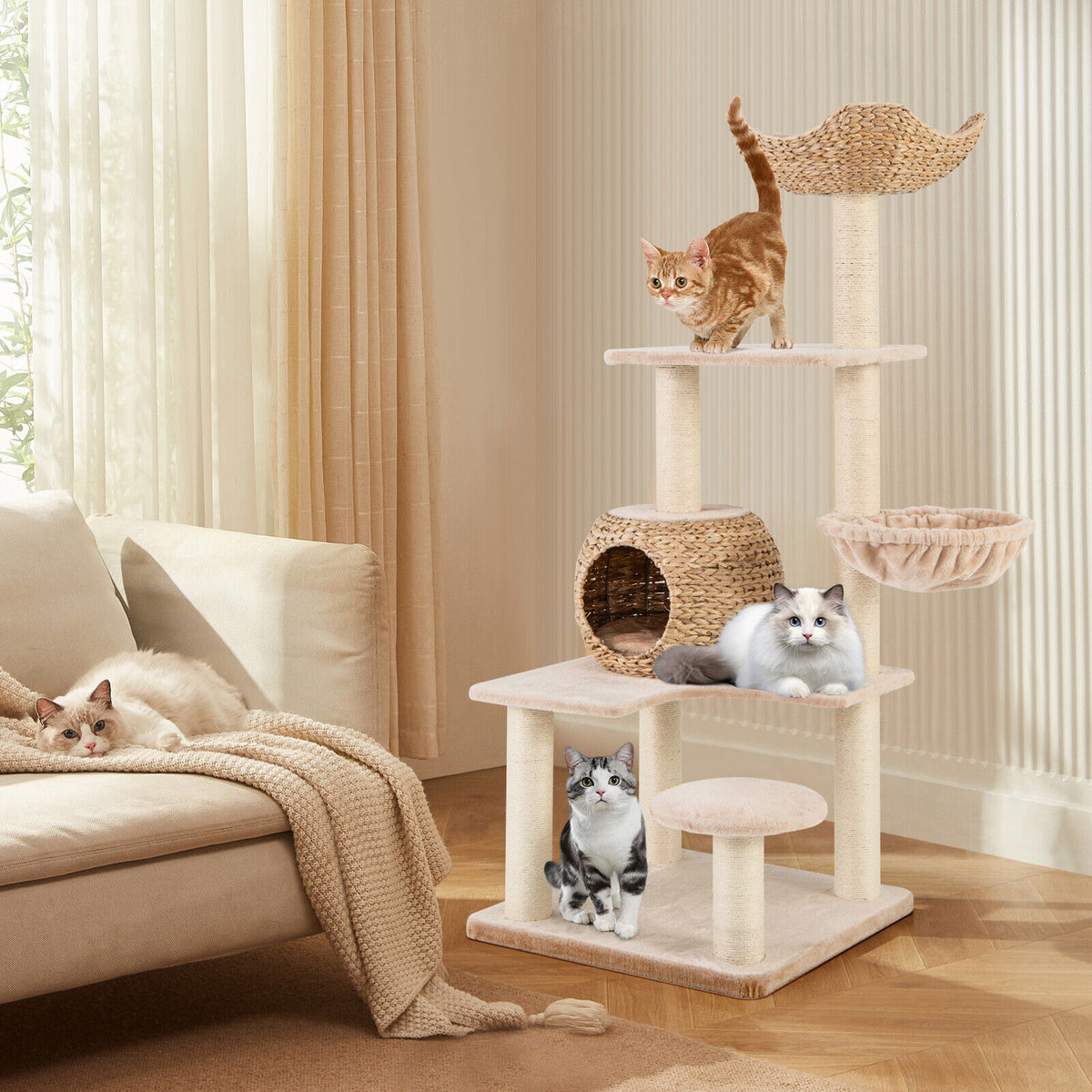 Cattail Cat Tower w/ Sisal Scratching Posts,Soft Hammock, Washable Cushions