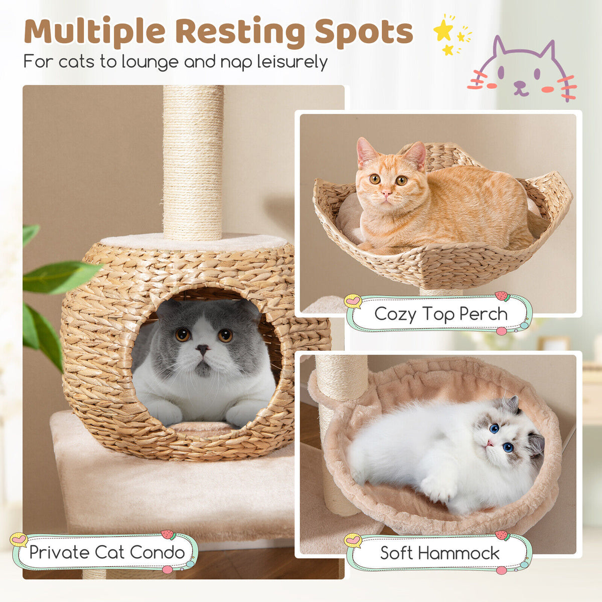 Cattail Cat Tower w/ Sisal Scratching Posts,Soft Hammock, Washable Cushions