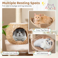 Cattail Cat Tower w/ Sisal Scratching Posts,Soft Hammock, Washable Cushions