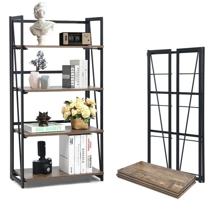 4-Tier Folding Bookshelf No-Assembly Industrial Bookcase Storage Display Shelves