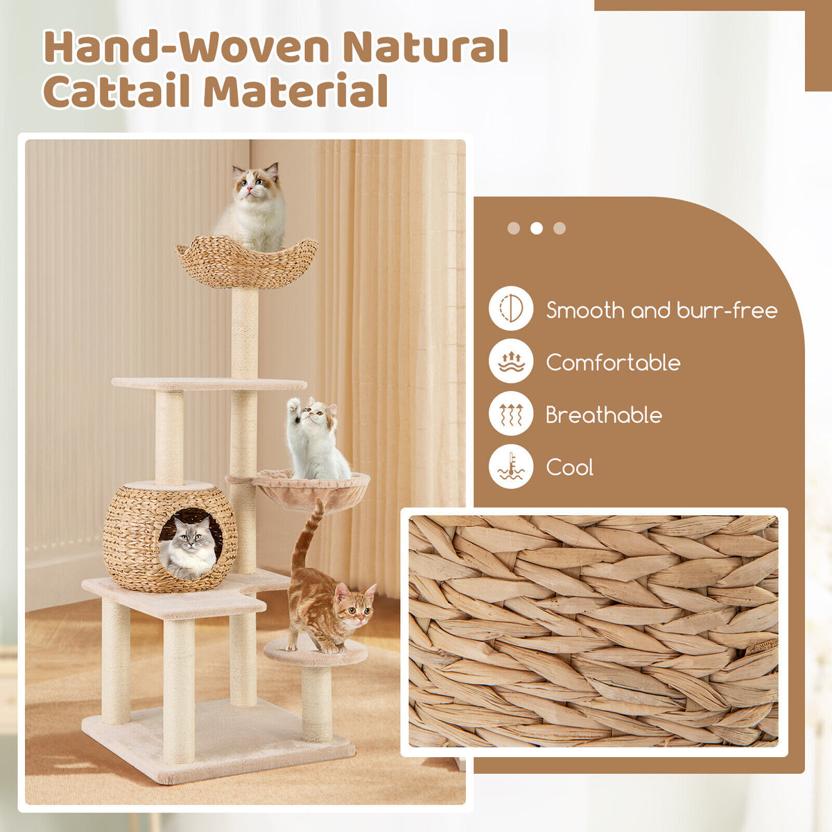 Cattail Cat Tower w/ Sisal Scratching Posts,Soft Hammock, Washable Cushions