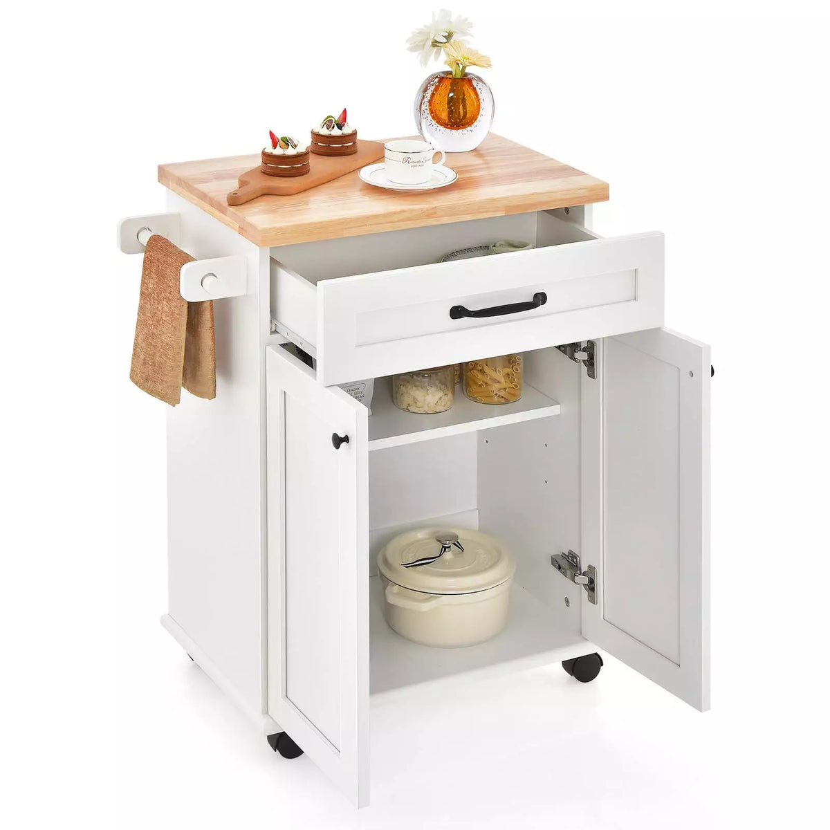 Kitchen Island Cart Rolling Trolley Cart on Wheels w/ Rubber Wood Top Lockable