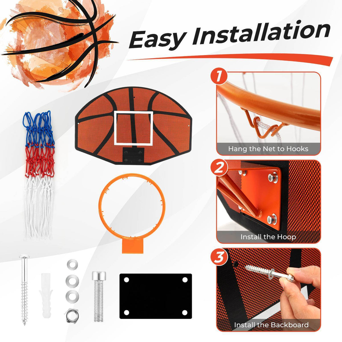 Wall Mounted Basketball Hoop Set w/ Large Shatter-proof Backboard for Kids Teens