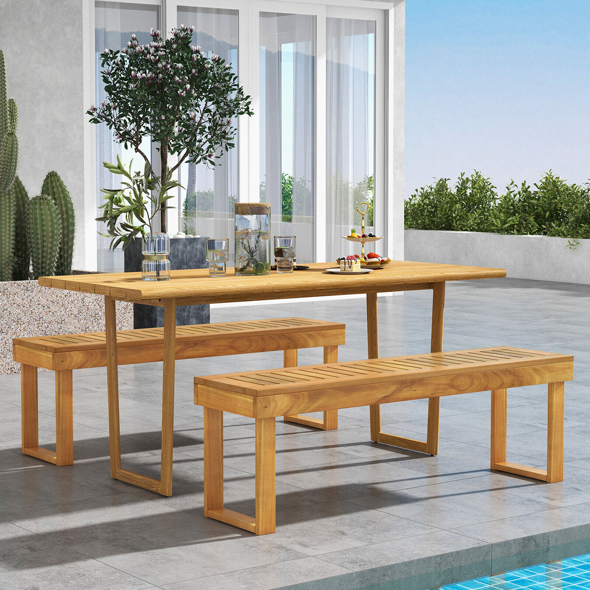 132 cm Outdoor Acacia Wood Dining Bench Chair with Slatted Seat for Patio Garden