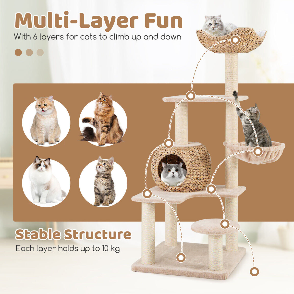 Cattail Cat Tower w/ Sisal Scratching Posts,Soft Hammock, Washable Cushions