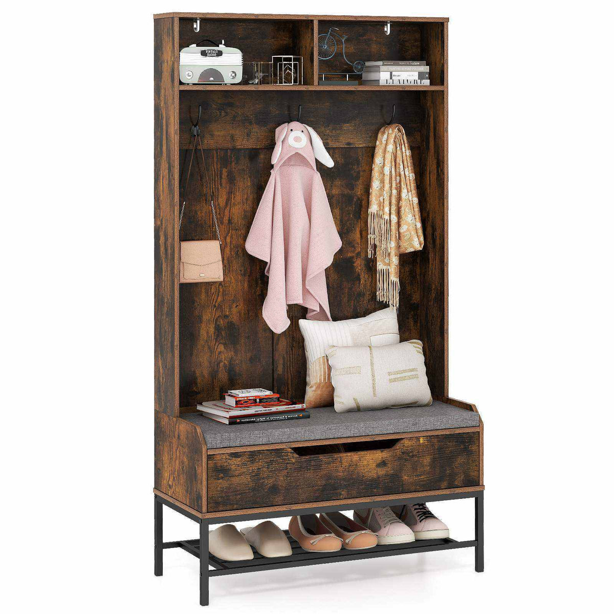 170CM Tall Hall Tree 4-in-1 Coat Rack w/Seat Cushion Entryway Bench Shoe Storage