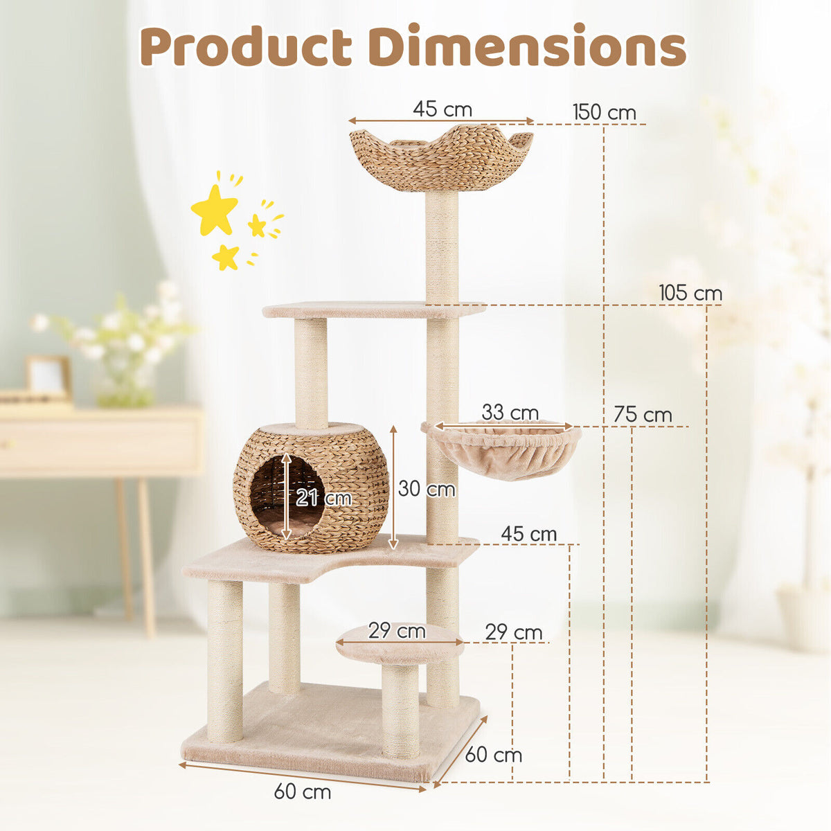 Cattail Cat Tower w/ Sisal Scratching Posts,Soft Hammock, Washable Cushions