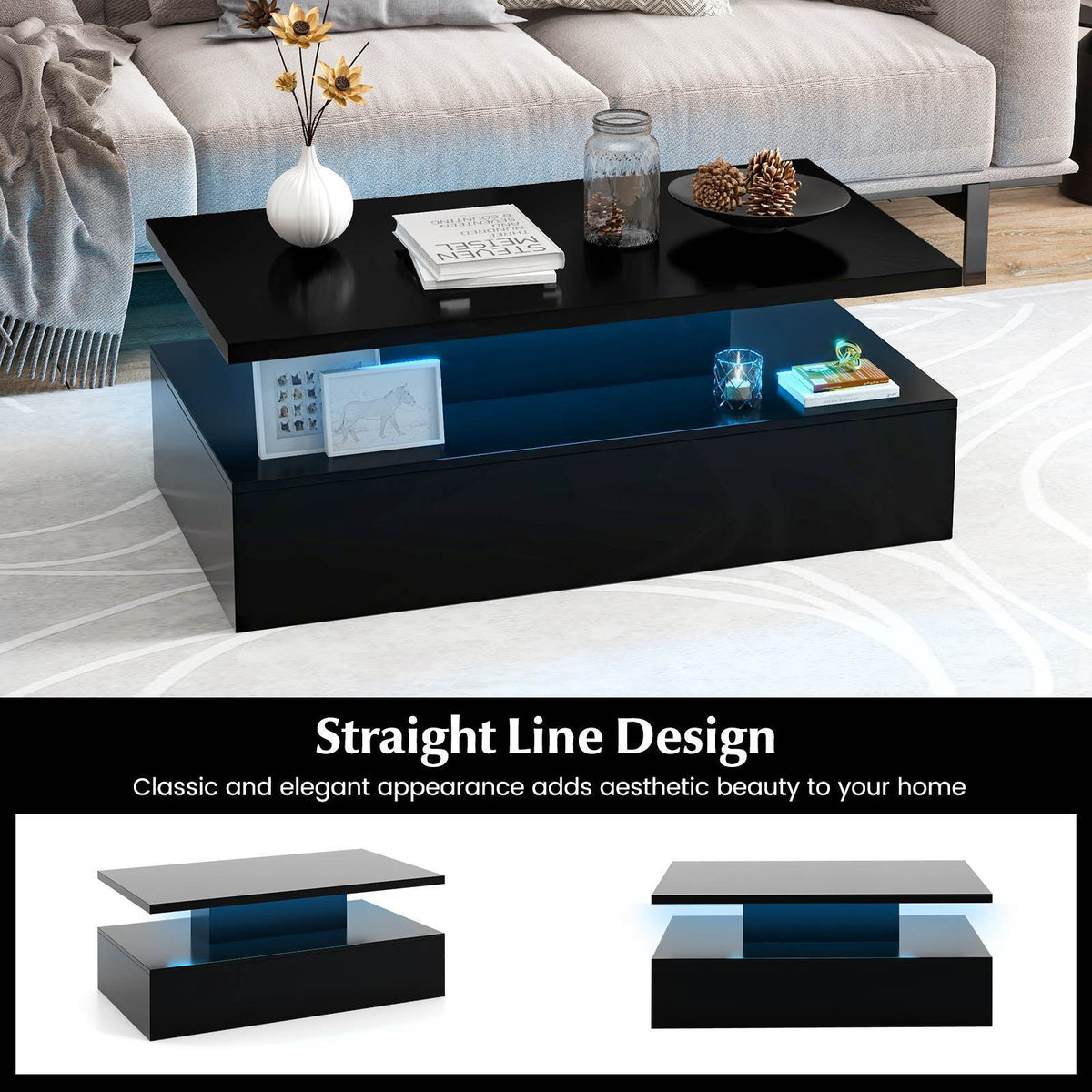 Modern 2-Tier LED Coffee Table w/ Adjustable Color Lights Speed Brightness