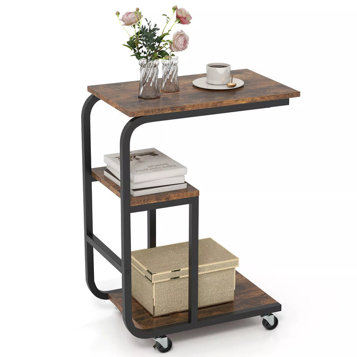 C-Shaped End Table Industrial Sofa Side Table Couch Table w/ Open Shelves
