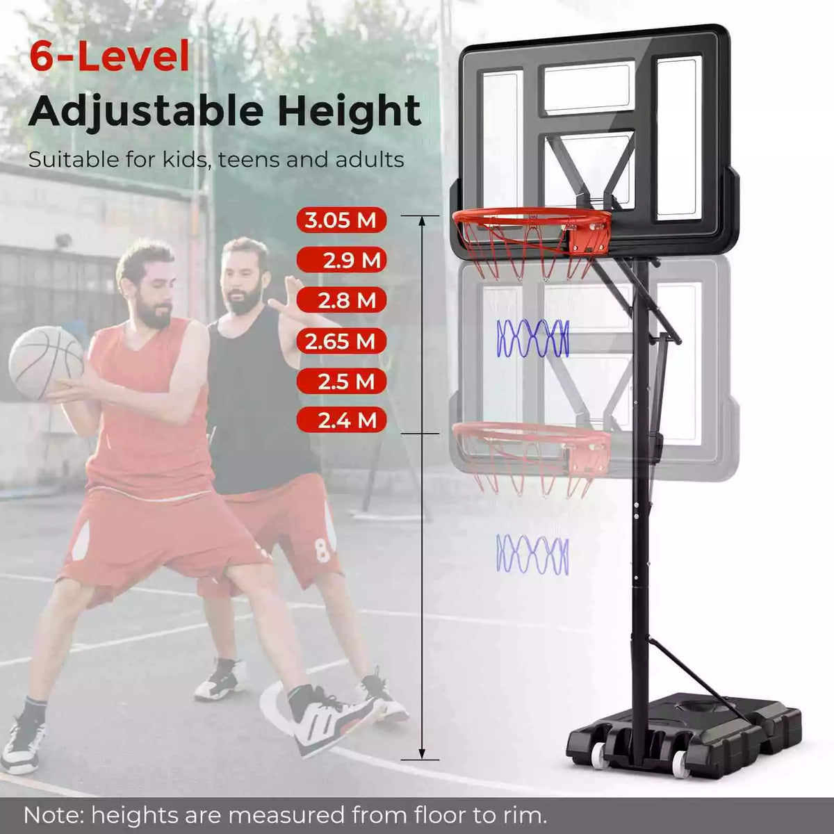 Portable Basketball Hoop System w/ 2.4-3.05 m Easy Height Adjustment