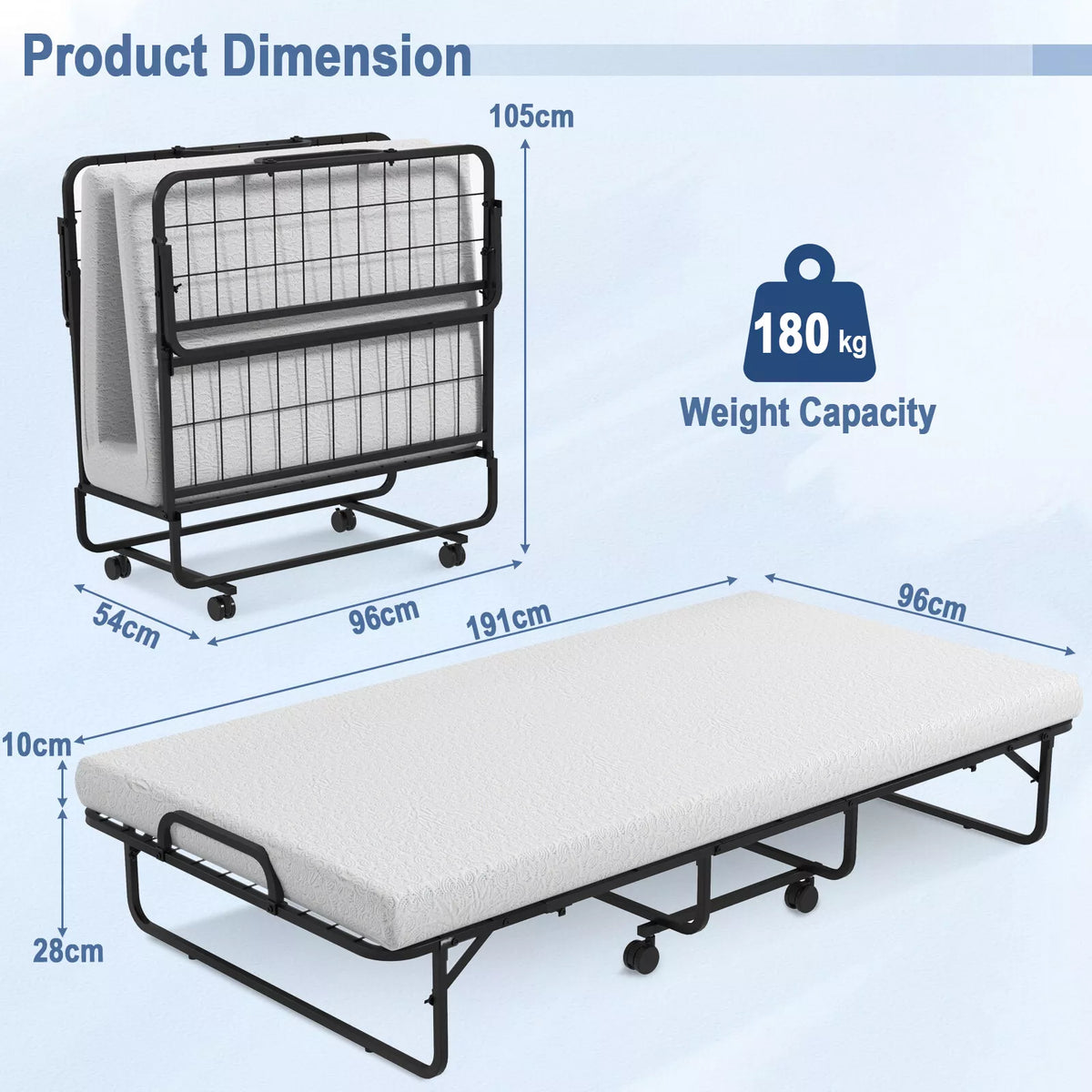 Folding Bed Sturdy Metal Frame with 10cm Memory Foam Mattress 4 Universal Wheels