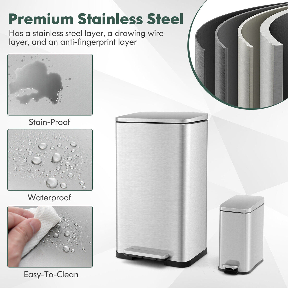 40L & 6L Step Trash Can Combo Set Stainless Steel Waste Bin Dustbin Home Office