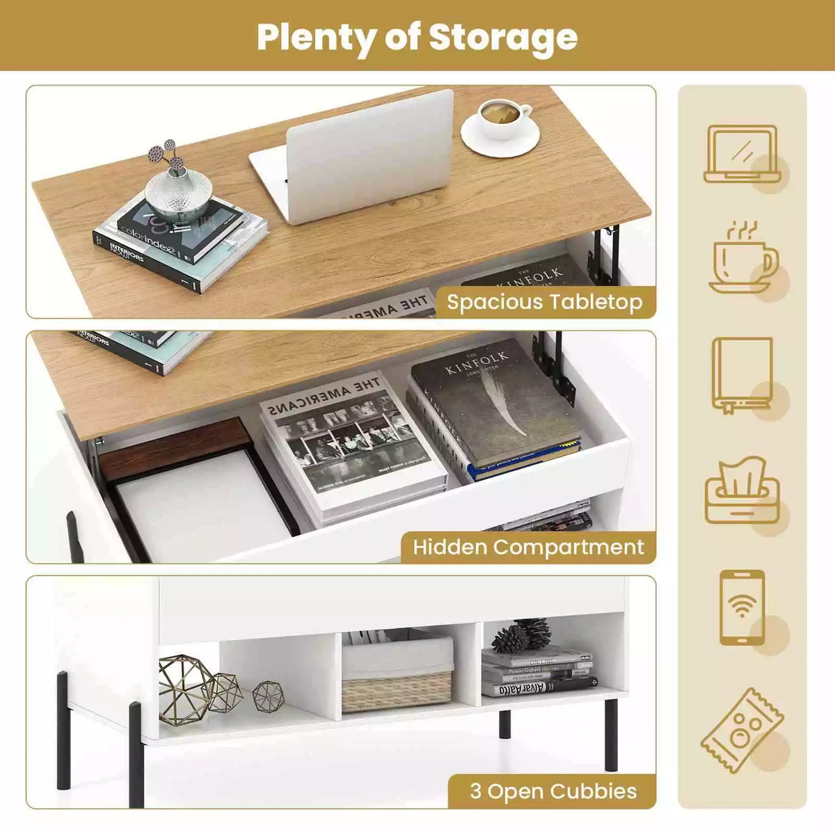 Lift Top Coffee Station Table w/ Rising Tabletop for Living Room Reception Room