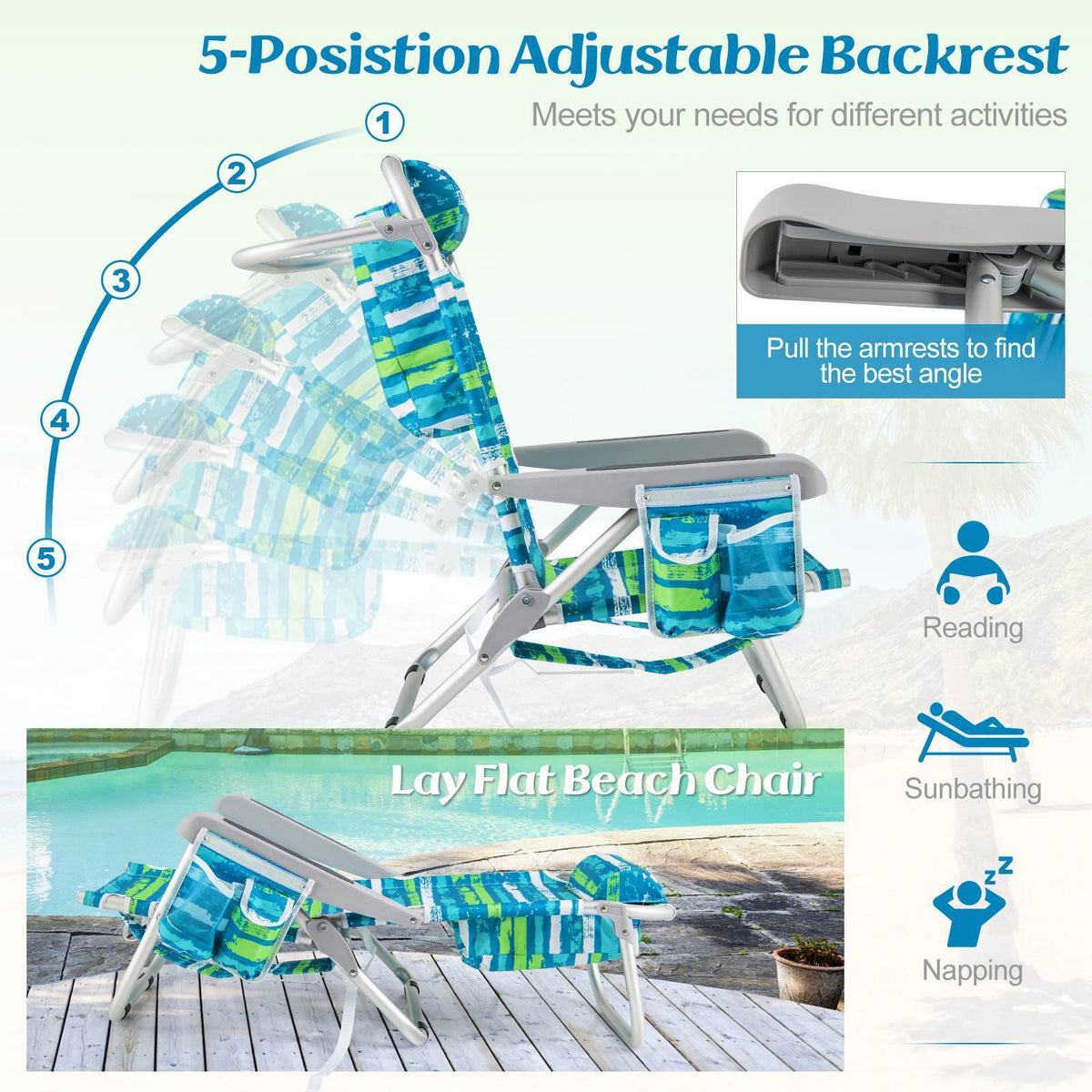 Foldable Backpack Beach Chair Portable Camping Stool w/Cup Holder Storage Pocket