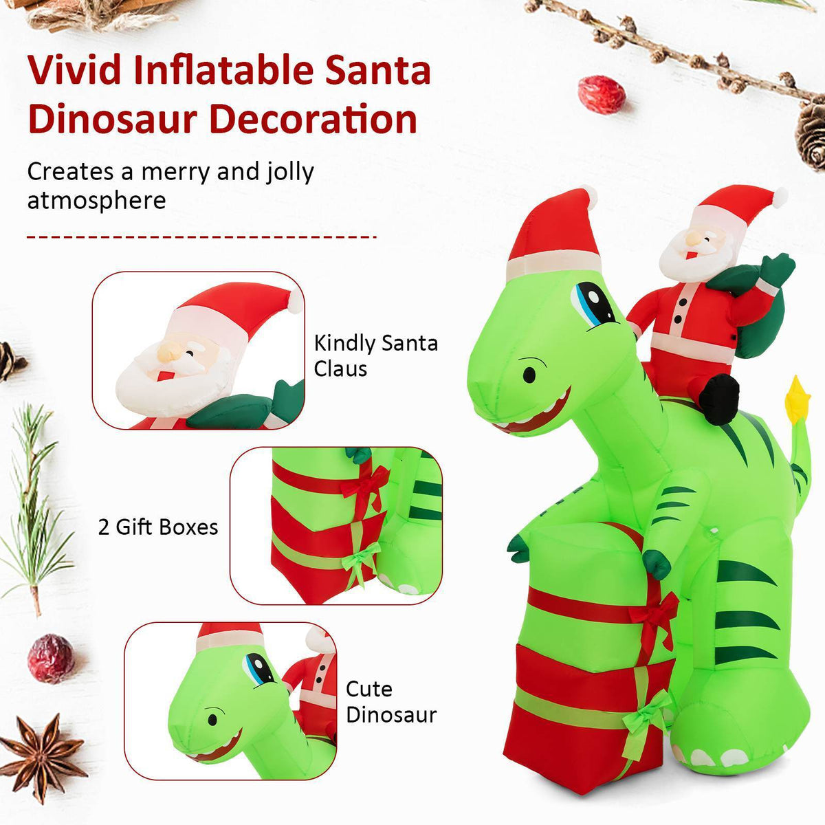 Christmas Inflatable Decoration 2.5 m Lighted Santa Claus Dinosaur w/ Gift Boxes