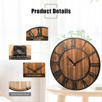 Round Wall Clock Decorative Retro Wooden Wall Clock w/ Large Roman Numerals