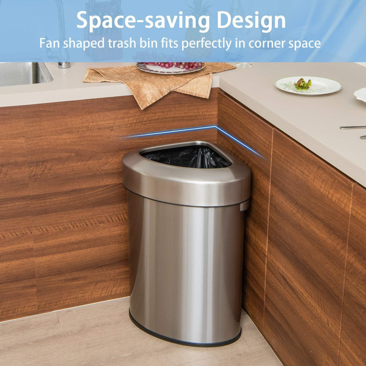 60L Corner Stainless Steel Trash Bin Rubbish Bin Stay Open Garbage Trash Can