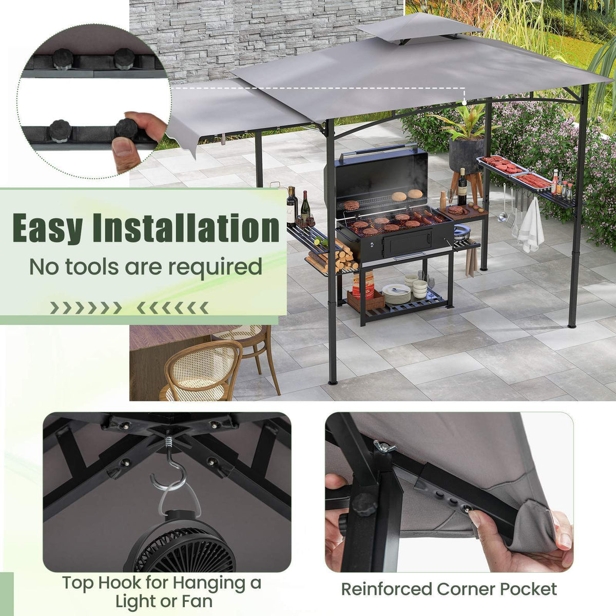 318 cm x 153 cm BBQ Grill Gazebo w/Side Awning Double-Tier Canopy Tent Shelter