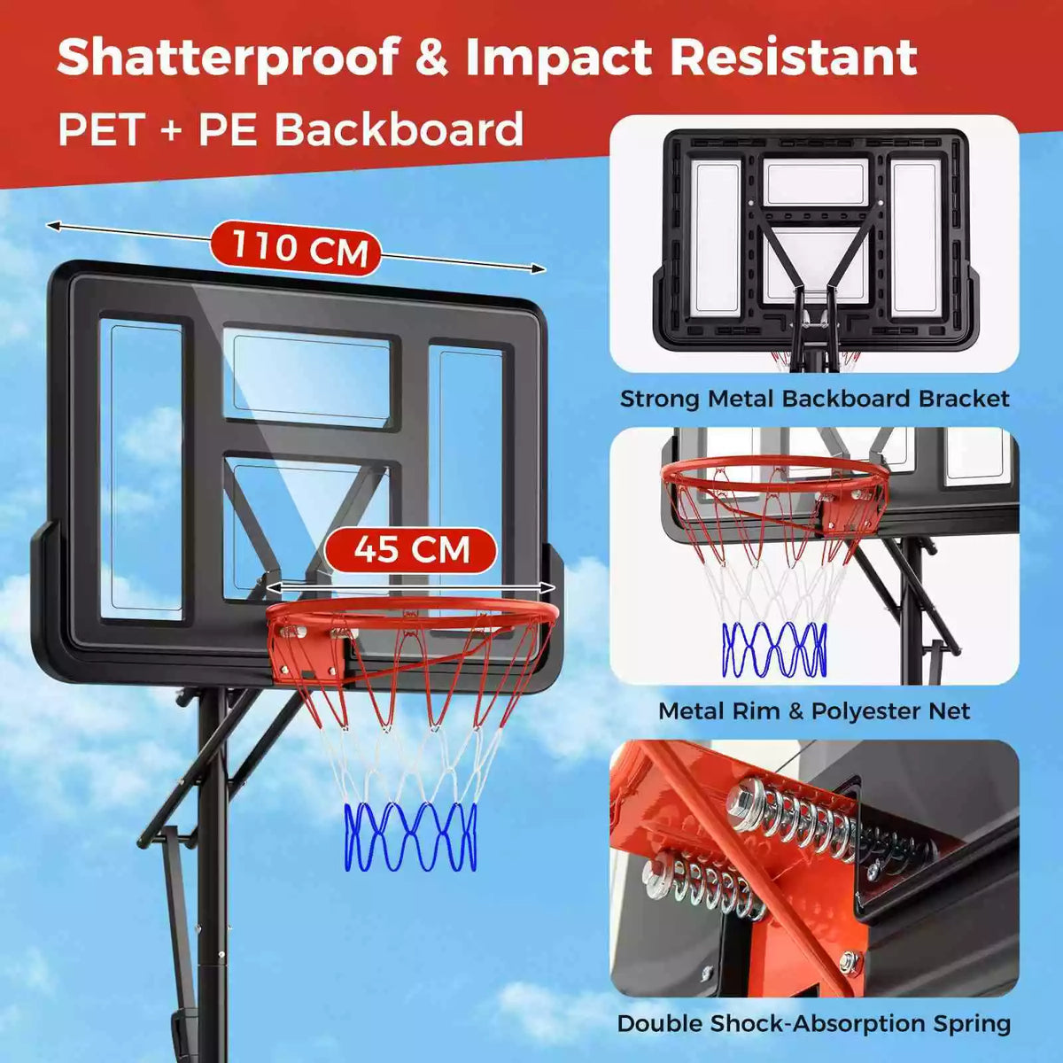 Portable Basketball Hoop System w/ 2.4-3.05 m Easy Height Adjustment