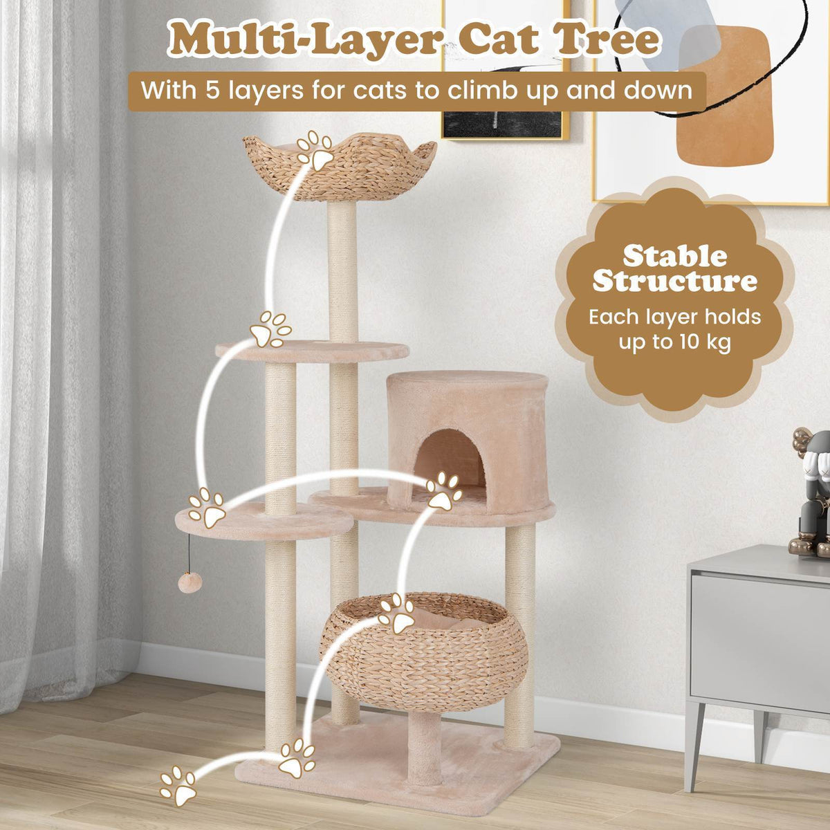 Cattail Cat Tower w/ Sisal Scratching Posts, Dangling Ball, Washable Cushions