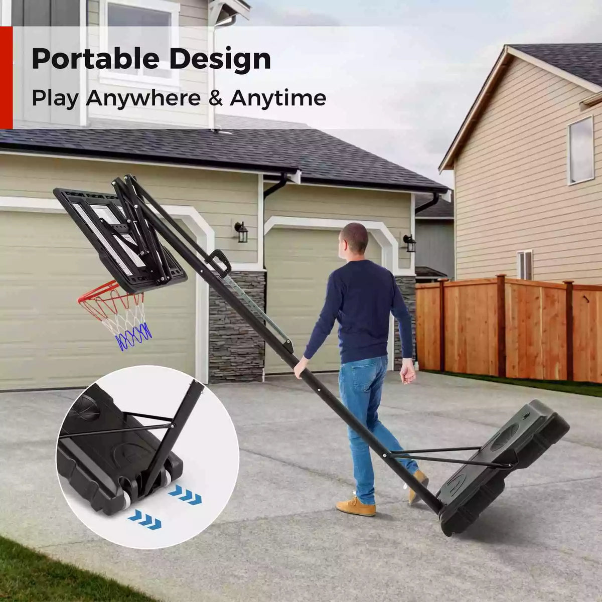 Portable Basketball Hoop System w/ 2.4-3.05 m Easy Height Adjustment