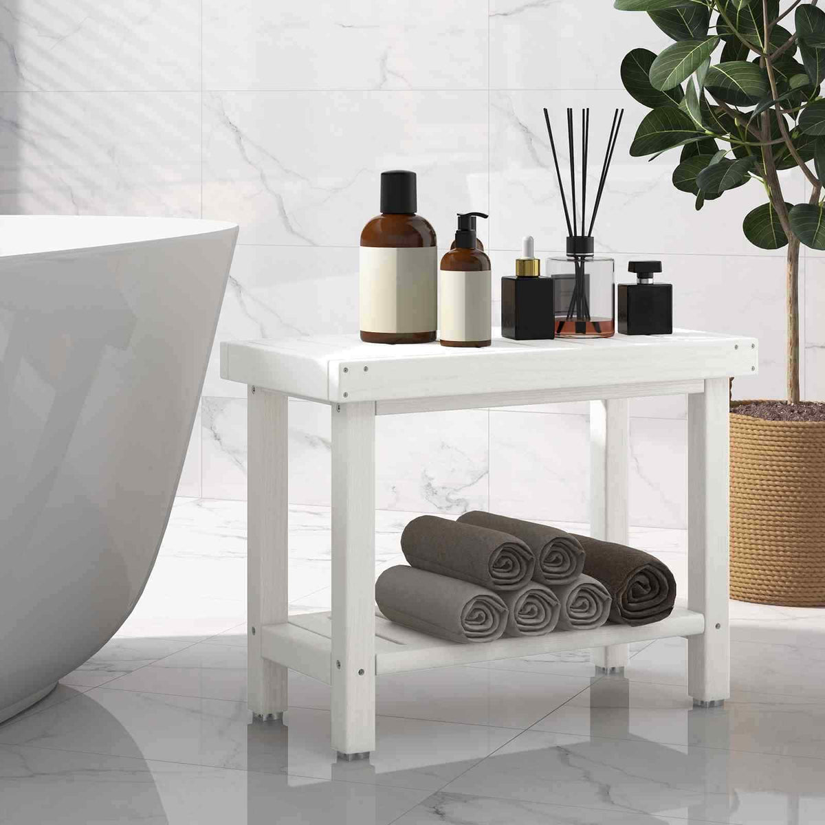 2-Tier Shower Bench Stool HDPE Waterproof Inside Seat for Bath & Shaving Legs