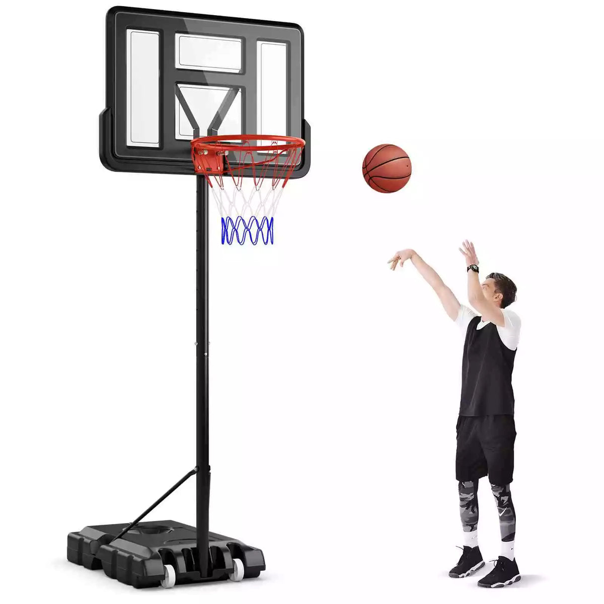 1.35-3.05m Adjustable Portable Basketball Hoop w/ 110cm Shatterproof Backboard