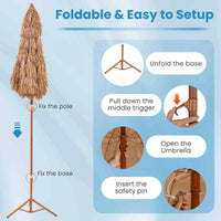 2M Foldable Thatched Tiki Umbrella, Outdoor Portable Sunshade Market Umbrella