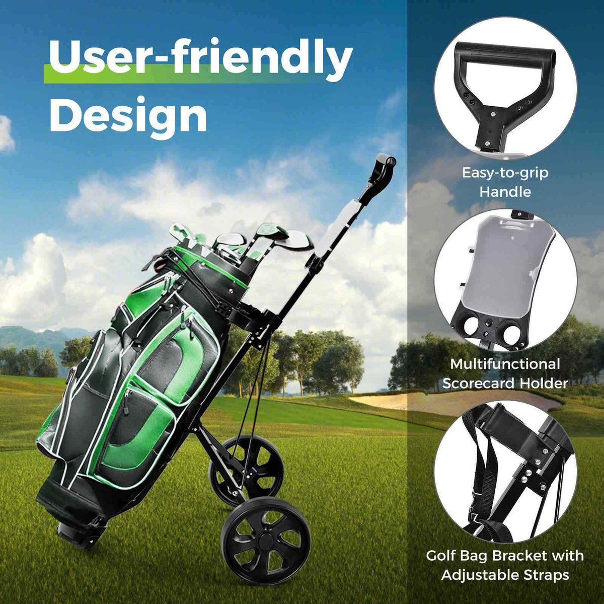 2 Wheel Foldable Golf Push Cart, Portable Lightweight Walking Pull Cart Holder