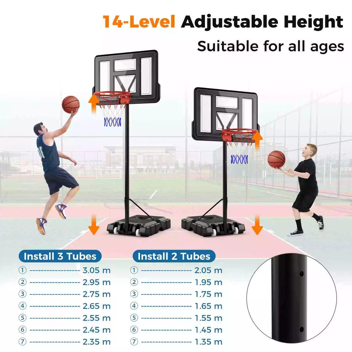 1.35-3.05m Adjustable Portable Basketball Hoop w/ 110cm Shatterproof Backboard