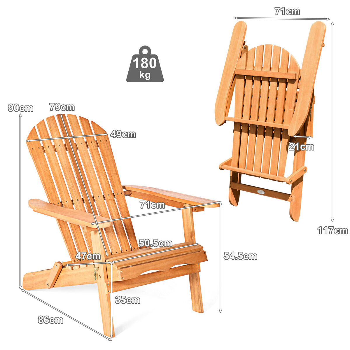 Foldable Adirondack Chair Outdoor Eucalyptus Wood Lounger Chair Natural