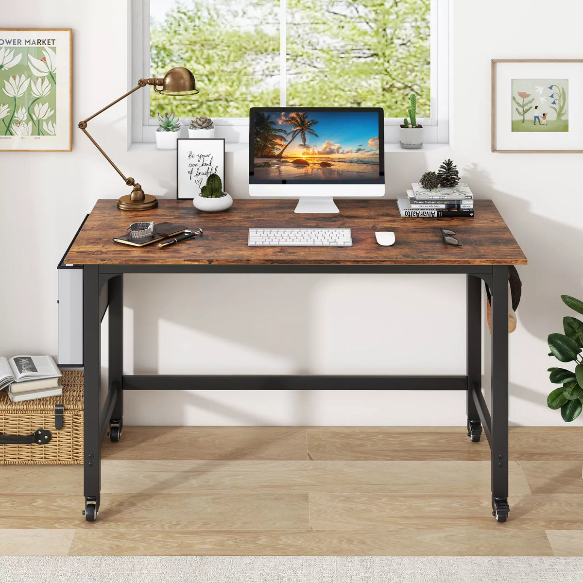 Computer Desk on Wheels, Rolling Home Office Desk w/ Detachable Fabric Bag & Headphone Hooks