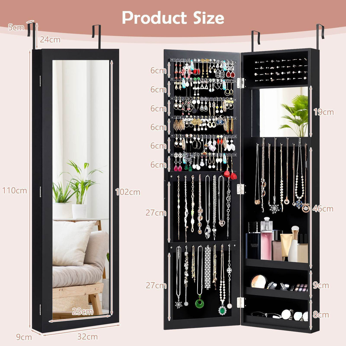 Wall/Door Mounted Jewelry Cabinet Full Length Mirror Jewelry Armoire