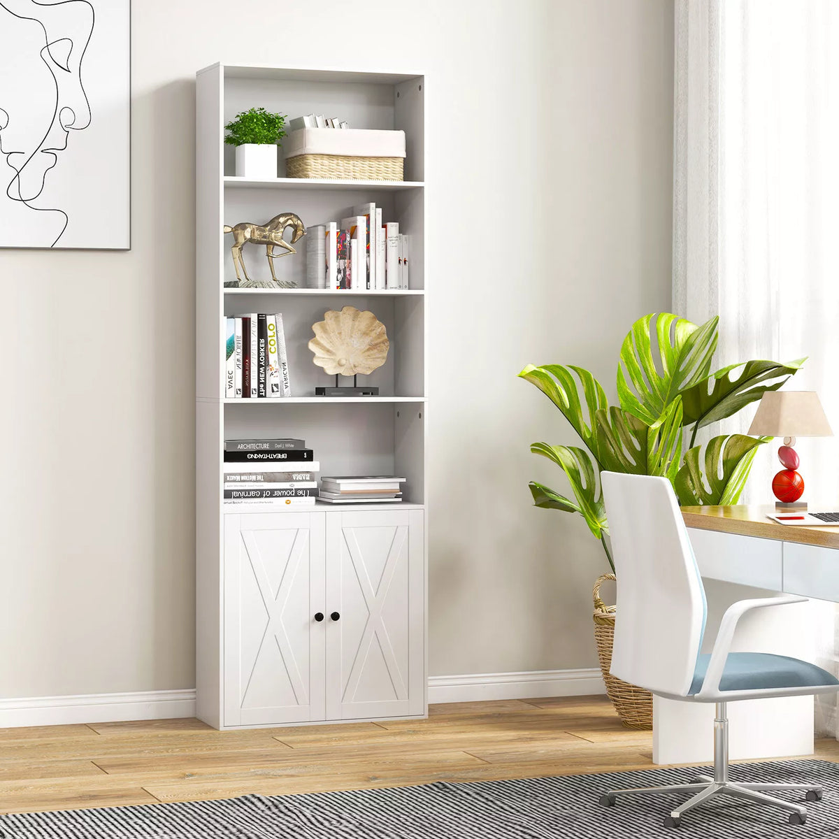 Giantex Farmhouse Bookcase with Doors, 180cm Freestanding Bookshelf with 6 Shelves & 2-Door Cabinet