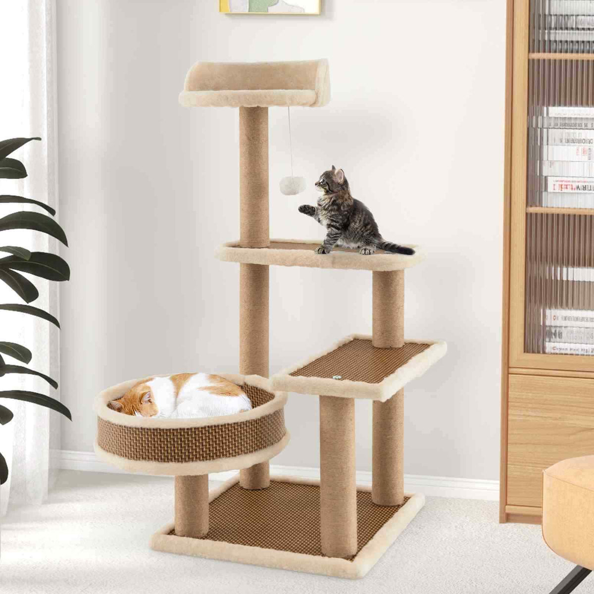 4-level Cat Tower Activity Center for Indoor Cats w/Rattan Mat, Scratching Posts