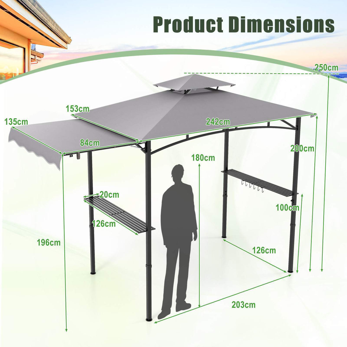 318 cm x 153 cm BBQ Grill Gazebo w/Side Awning Double-Tier Canopy Tent Shelter