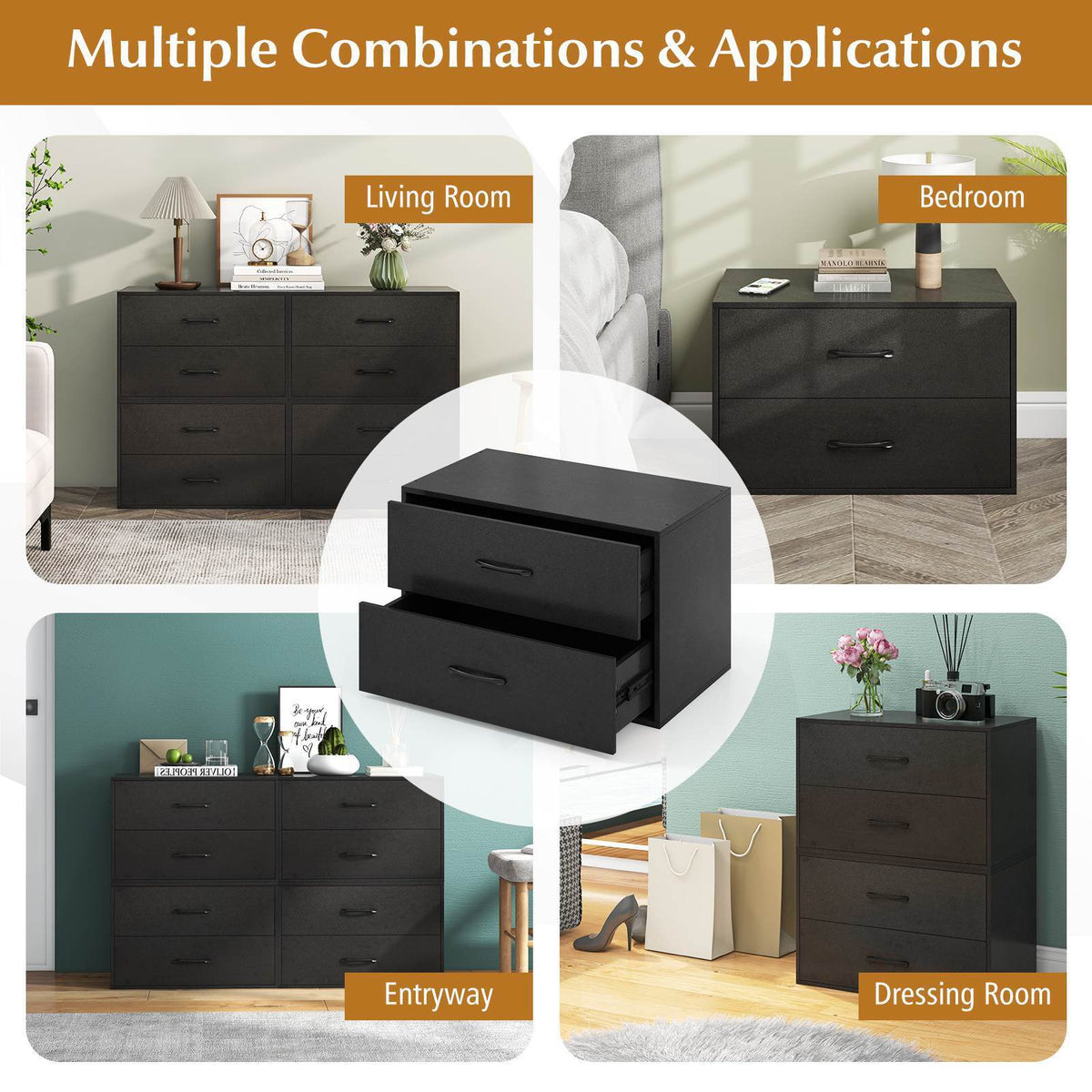 2-Drawer Stackable Storage Organizer Stacking Drawer Chest Storage Cabinet Black