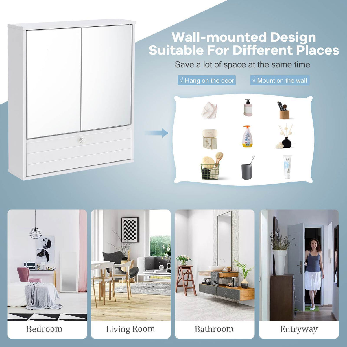 Wall-Mounted Bathroom Medicine Storage Cabinet w/Mirror Adjustable Shelf White