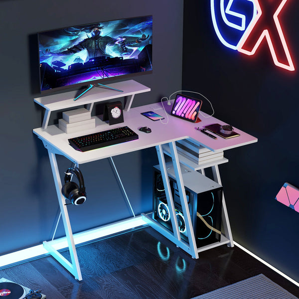 L Shaped Gaming Desk with Outlets & USB Ports Monitor Shelf Headphone Hook