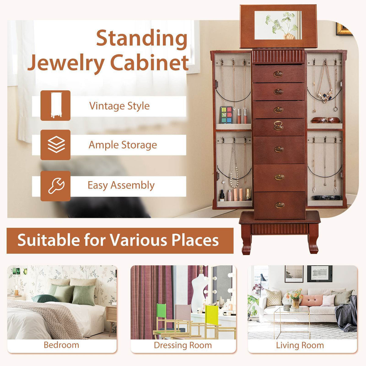 Jewelry Armoire Cabinet Standing Jewelry Storage Organizer with Makeup Mirror