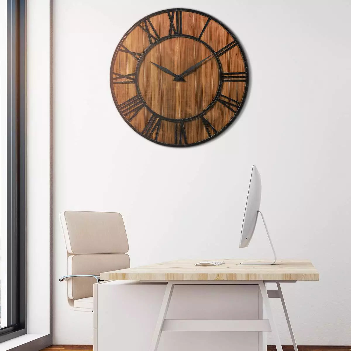 Round Wall Clock Decorative Retro Wooden Wall Clock w/ Large Roman Numerals