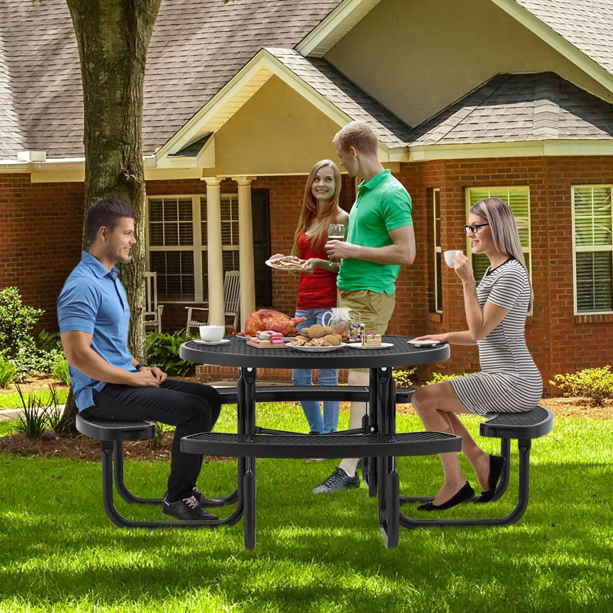 115cm 8-person Outdoor Round Picnic Table & 4 Curved Benches,Garden, Lawn, Patio