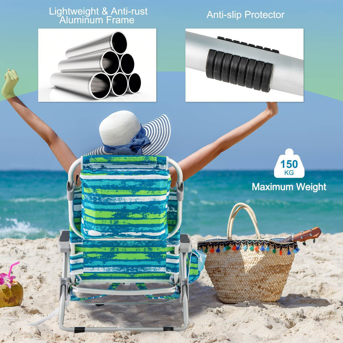 Foldable Backpack Beach Chair Portable Camping Stool w/Cup Holder Storage Pocket