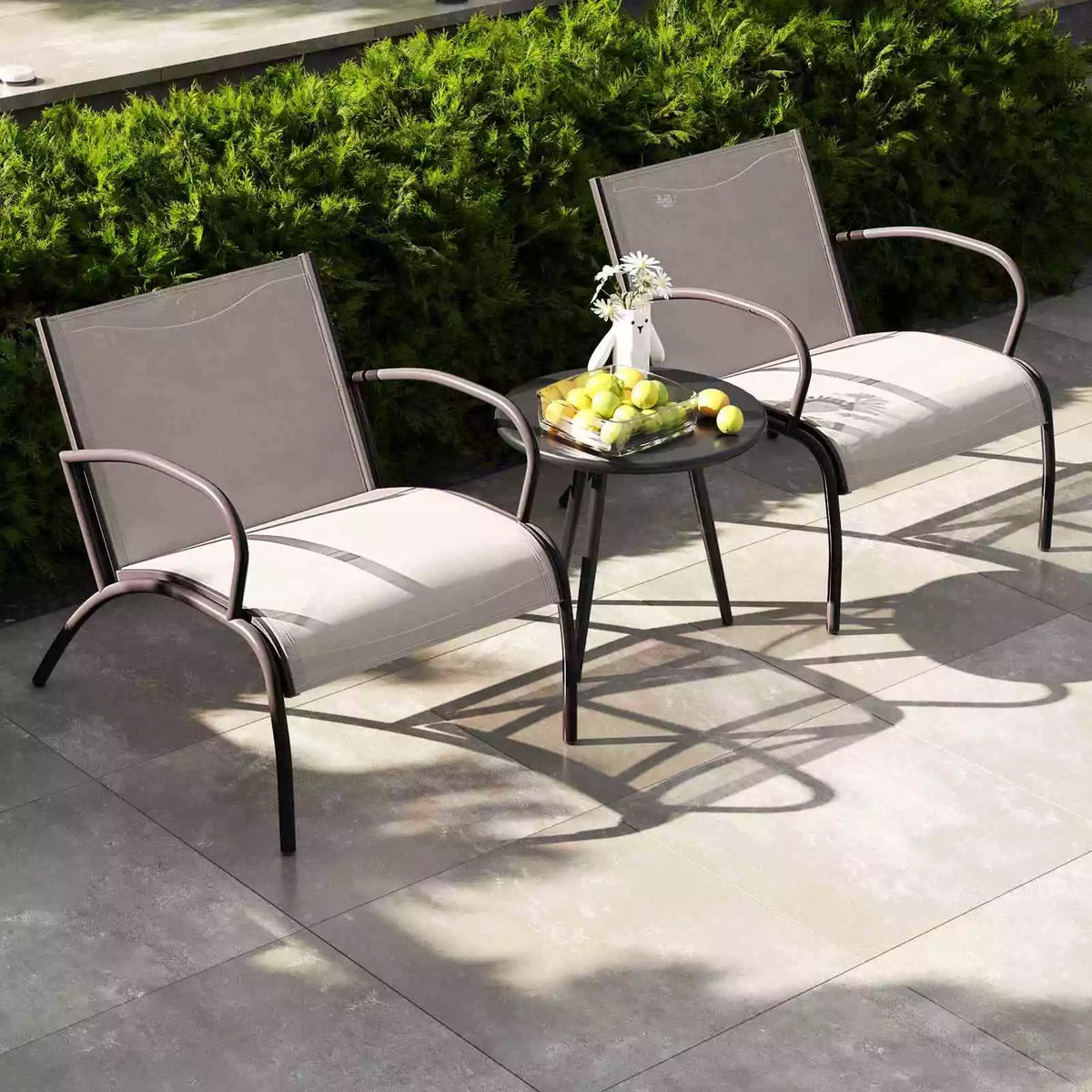 3 Piece Patio Bistro Set Aluminum Outdoor Furniture w/ Curved Fabric Seat Porch