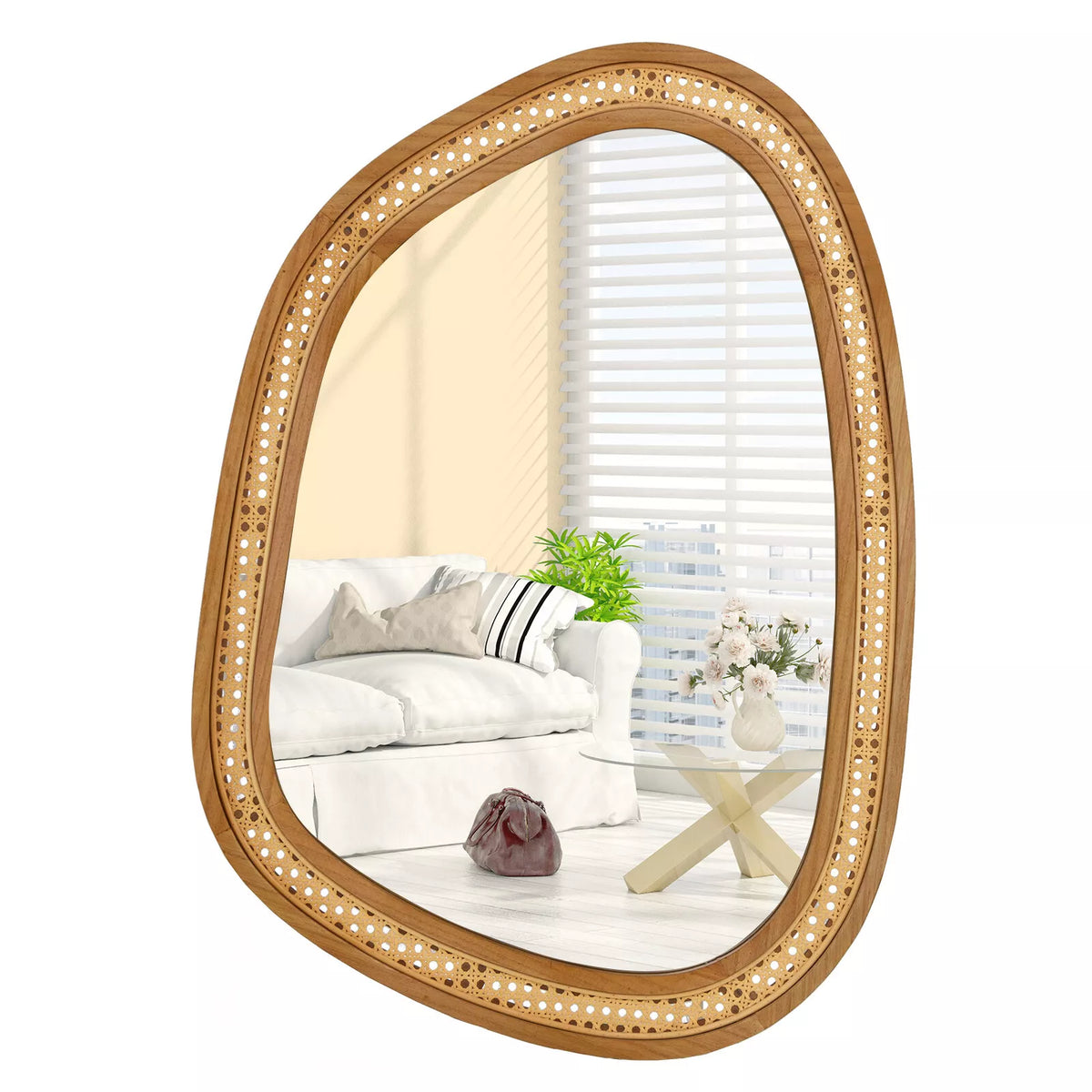 Irregular PVC Rattan Wall Mirro Boho Decorative Farmhouse Mirror w/ Wooden Frame