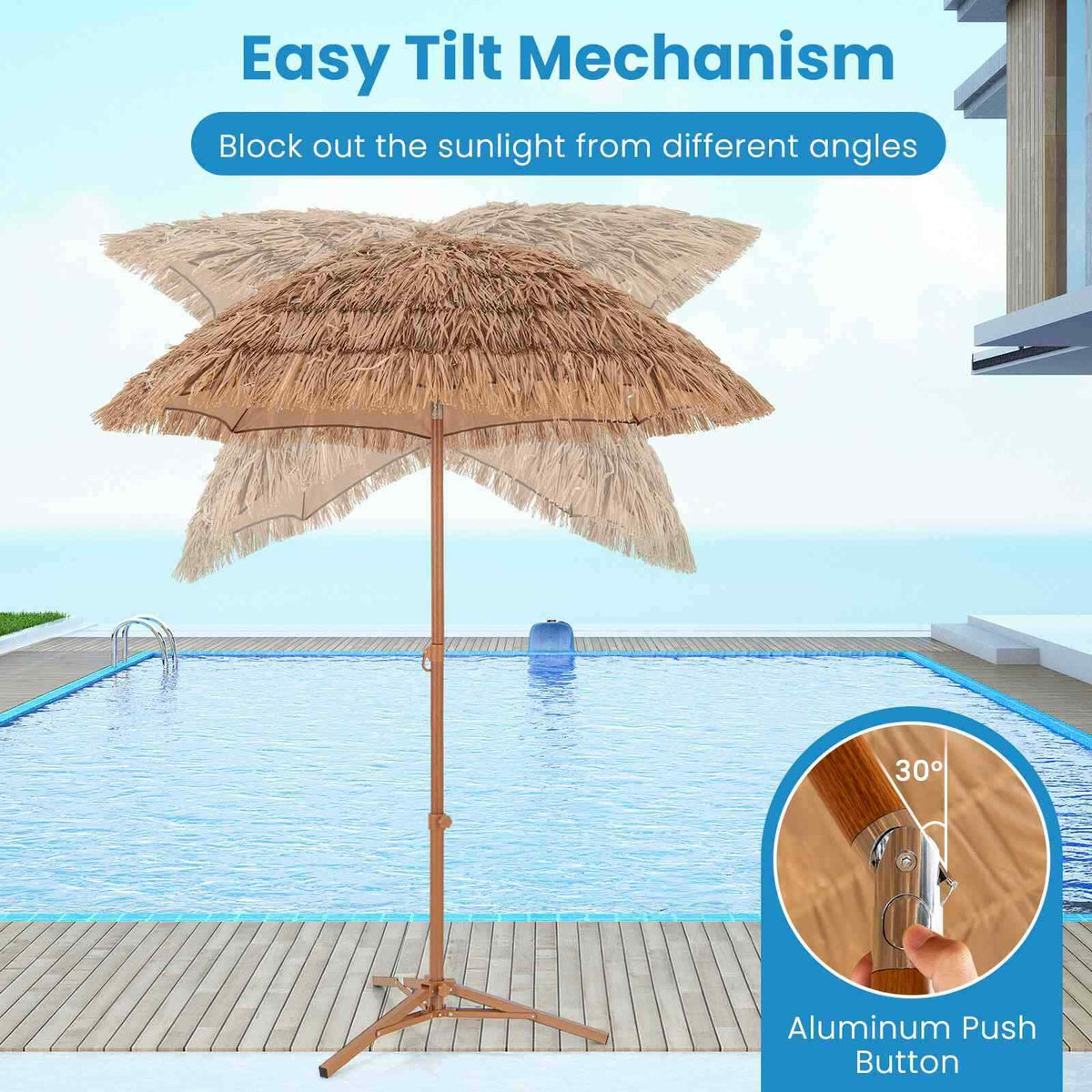 2M Foldable Thatched Tiki Umbrella, Outdoor Portable Sunshade Market Umbrella