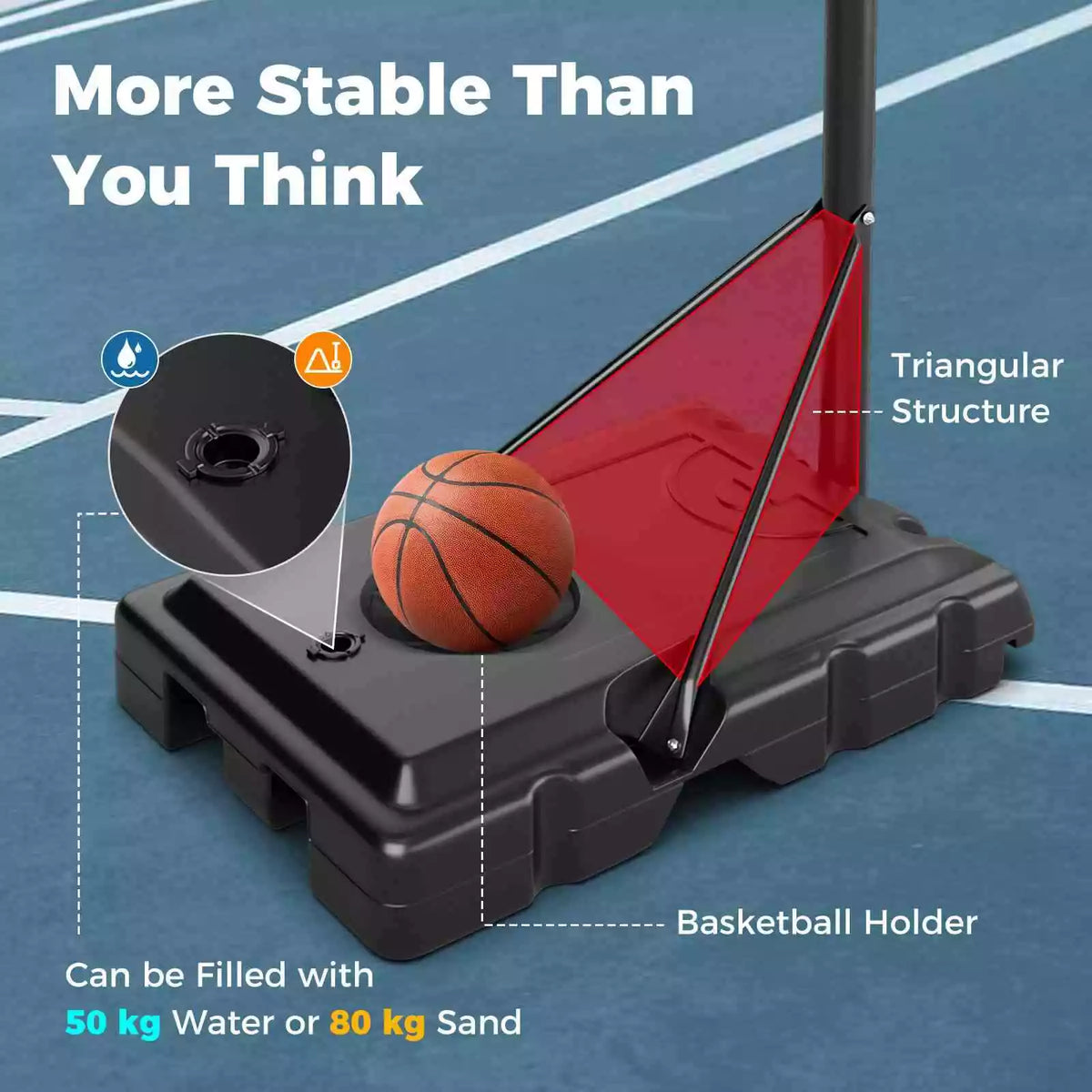 1.35-3.05m Adjustable Portable Basketball Hoop w/ 110cm Shatterproof Backboard